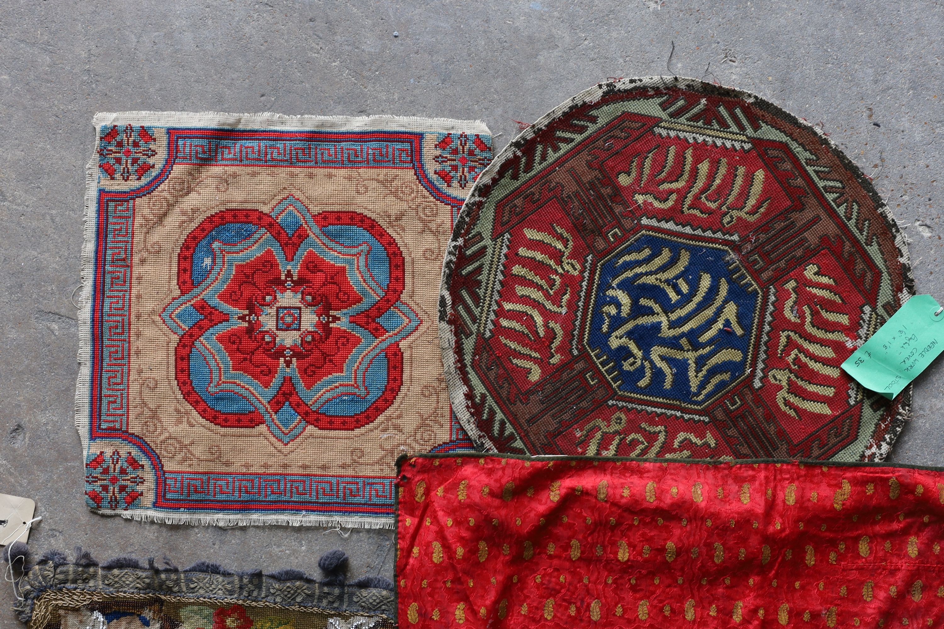 An Ottoman silk Koran cloth, three needle and bead work covers and assorted textiles